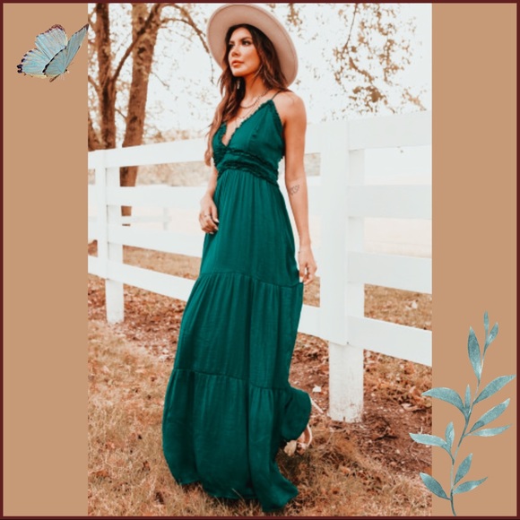 EMERALD GREEN CROSS BACK FRILLED TIERED MAXI DRESS Sz Small - Picture 5 of 10